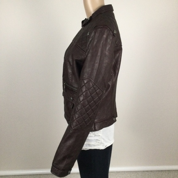 Large Women’s BLANC NOIR Brown Faux Leather Bomber Jacket with Texturized Deta… - Picture 7 of 15